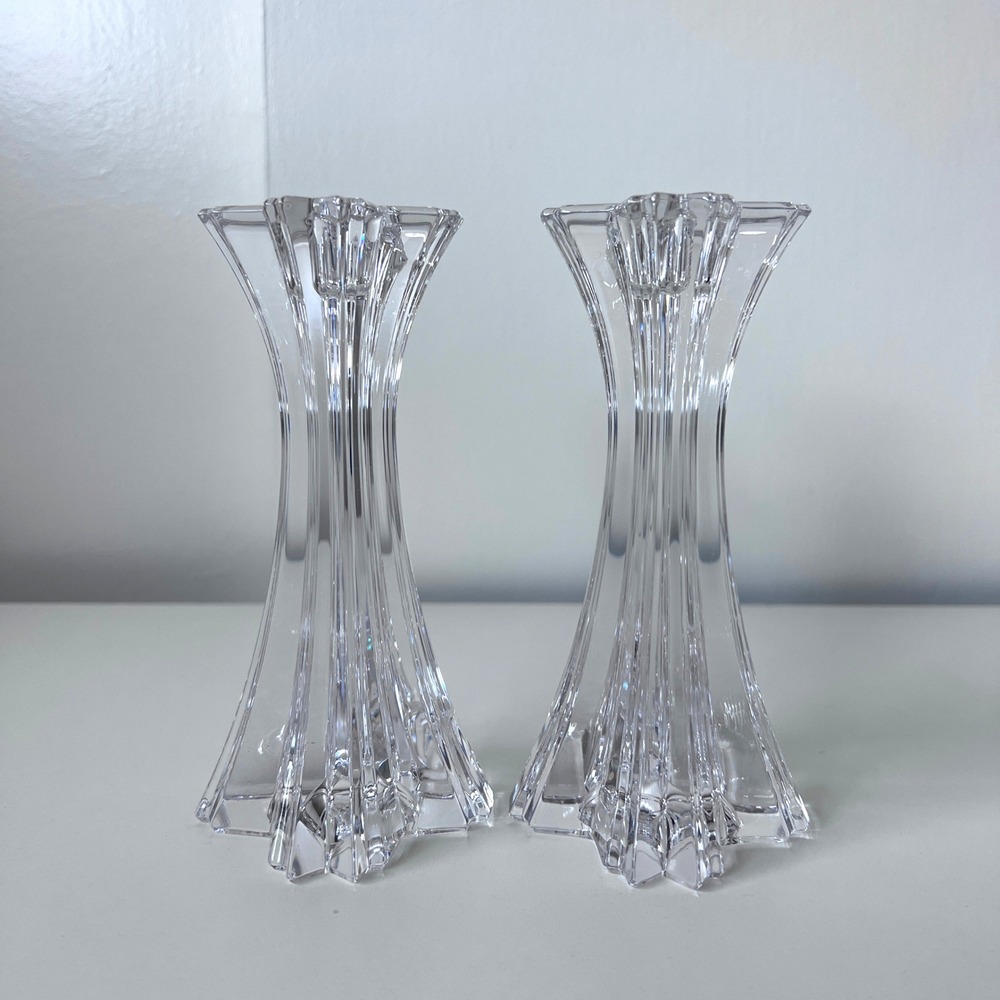 Pair Vintage Clear Fluted Glass Taper Candle Holders Heavy Pressed Glass